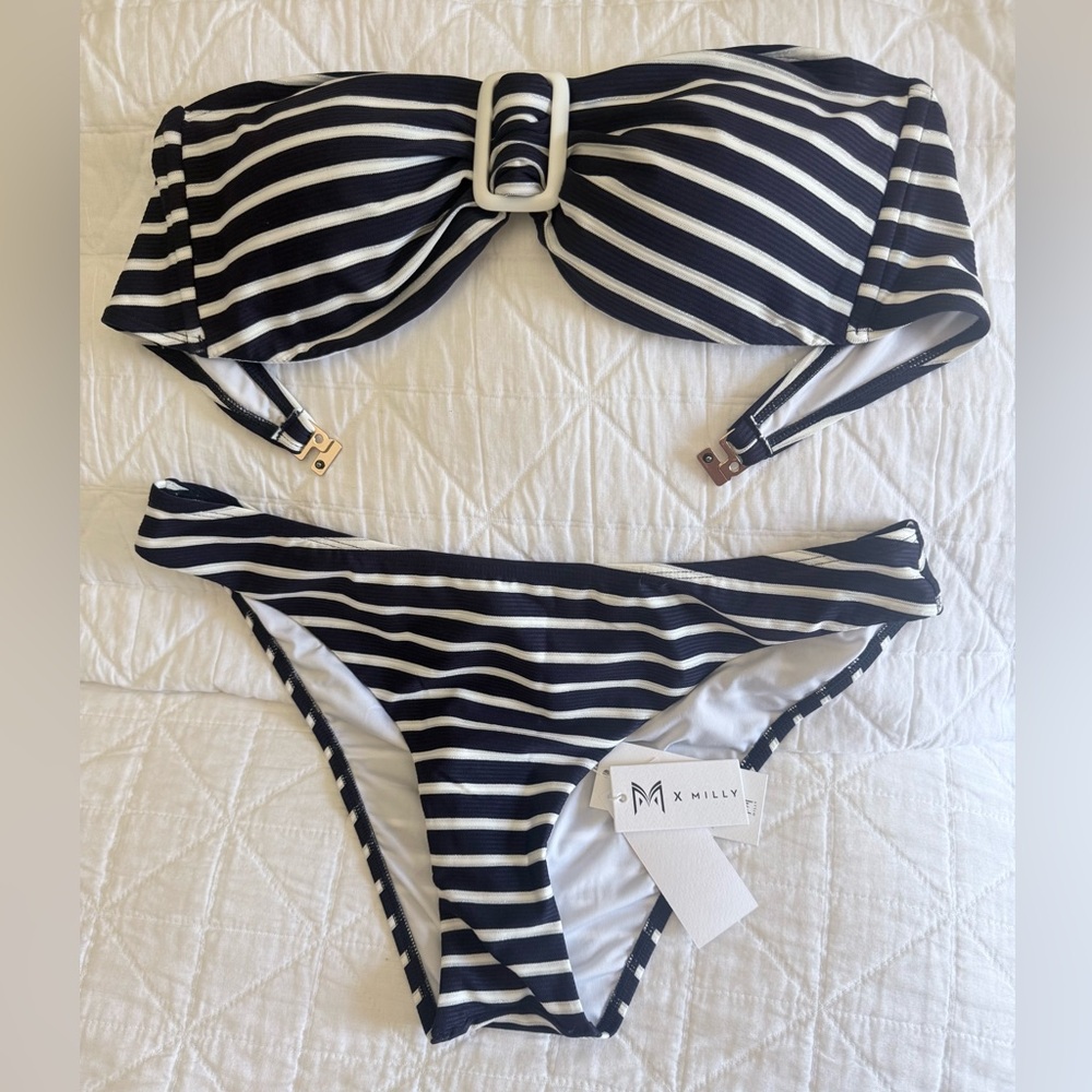Milly Nautical strapless Metallic Stripe Bikini Set in Navy and White - Large